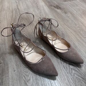 Unisa Lace Up Tie Pointed Ballet Flats Beige Suede 9